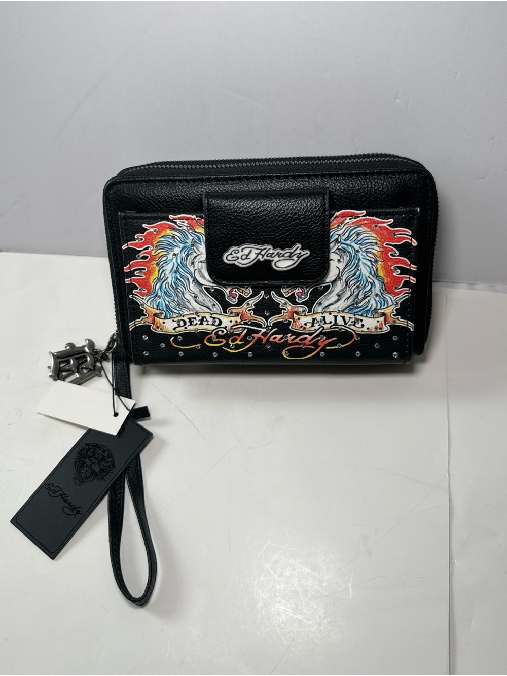 Ed Hardy Dead Alive Horses Double Zip Wallet Wristlet Black Studded Organizer
